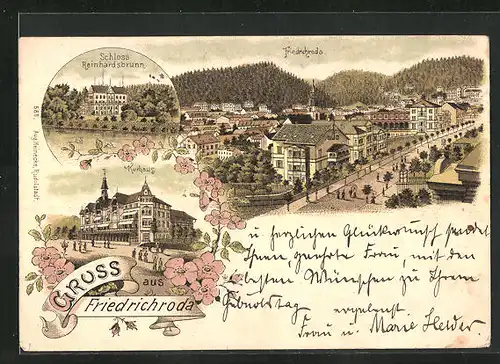 Lithographie Friedrichroda, Kurhotel, Schloss Reinhardsbrunn, Totalansicht