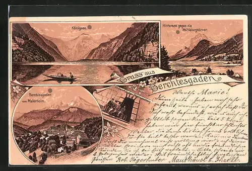 Lithographie Berchtesgaden, Königsee, Hintersee mit Mühlsturzhörner, Blick vom Malerheim