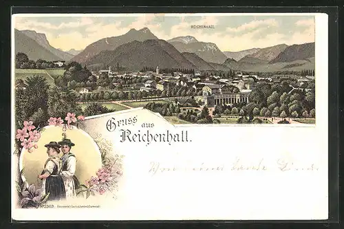 Lithographie Bad Reichenhall, Totalansicht, Frauen in Trachtenkleidern