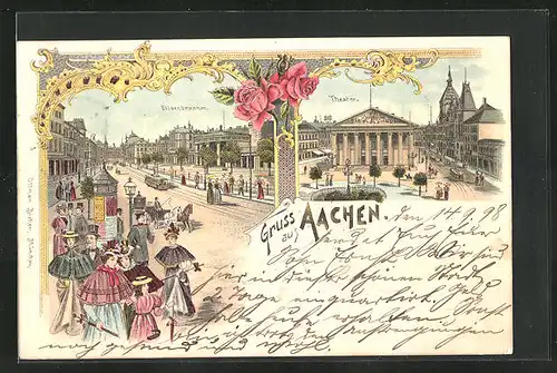 Lithographie Aachen, Elisenbrunnen, Theater, Strassenbahn & Litfasssäule
