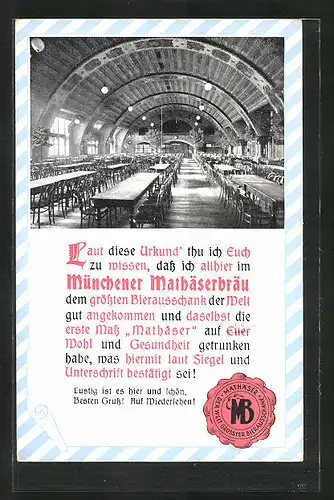 AK München, Gasthaus Mathäserbräu, Innenansicht