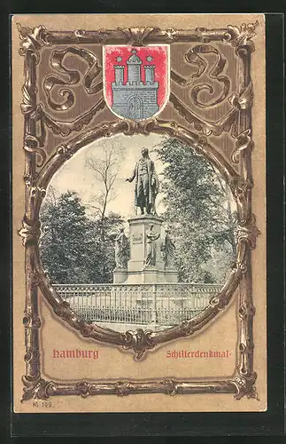 Passepartout-AK Hamburg, Schillerdenkmal und Stadtwappen