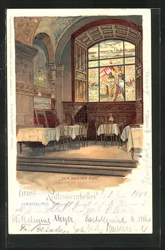 Lithographie Hamburg, Rathsweinkeller, Blick in den Saal Zur bunten Kuh