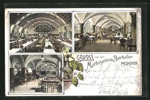 Lithographie München, Mathäserbräu Bierhallen, Innenansichten