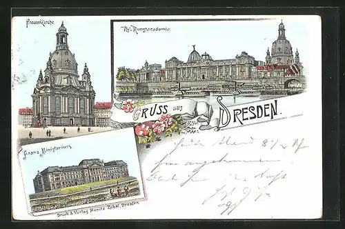 Lithographie Dresden, Frauenkirche, Kgl. Kunstakademie, Finanzministerium