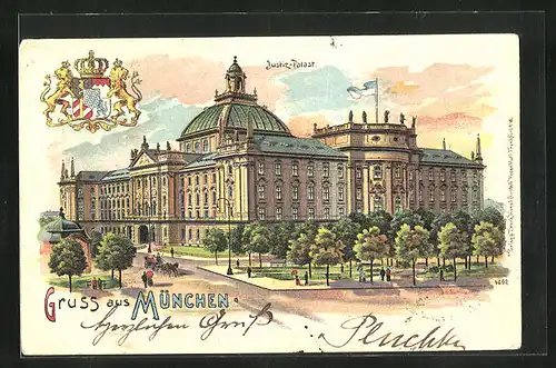 Lithographie München, Justizpalast mit Anlagen und Wappen