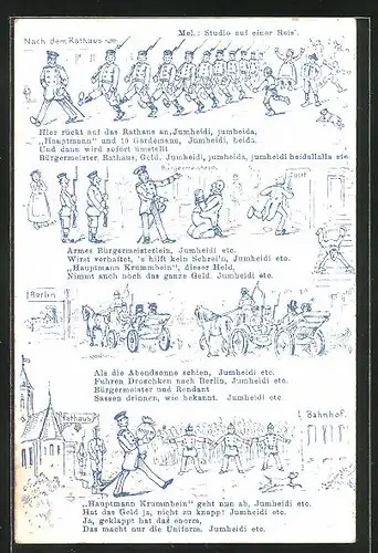 Künstler-AK Der Hauptmann von Köpenick, Szenen vor Rathaus, Bahnhof und Bürgermeisterei