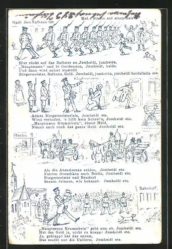 Künstler-AK Der Hauptmann von Köpenick, Szenen vor Rathaus, Bahnhof und Bürgermeisterei