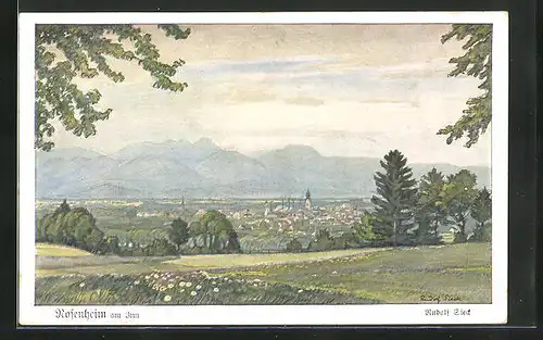 Künstler-AK Rosenheim / Inn, Blick von der Bergwiese auf die Stadt