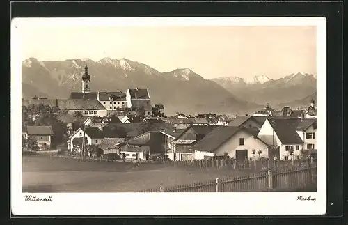 AK Murnau, Ortsansicht mit Gebirgskette