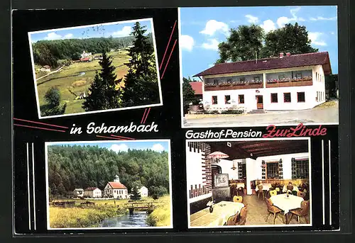 AK Schambach, zwei Ortsansichten und Gasthof-Pension Zur Linde