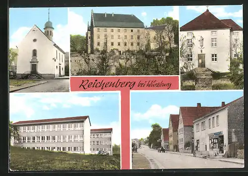 AK Reichenberg, Schloss, Strassenpartie, Kirche, Schulhaus