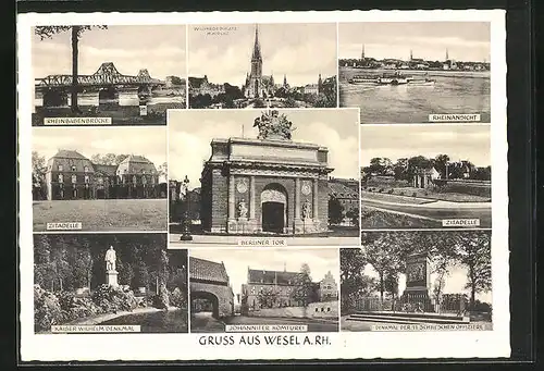 AK Wesel am Rhein, Berliner Tor, Johanniter Komturei, Willibrordiplatz mit Kirche, Zitadelle, Kaiser Wilhelm Denkmal