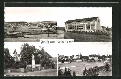 AK Rottendorf, Generalansicht, am Ehrenmal, die Schule, der Fussballplatz