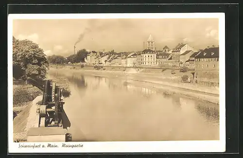 AK Schweinfurt am Main, Mainpartie mit Blick zur Stadt, an der Schleuse