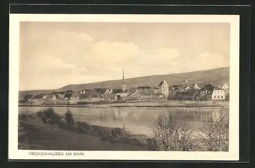 AK Frickenhausen am Main, Uferpartie mit Blick zur Kirche im Ort