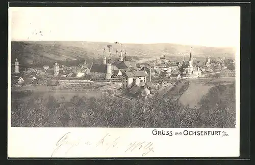 AK Ochsenfurt am Main, Blick über den Ort im Tal gelegen