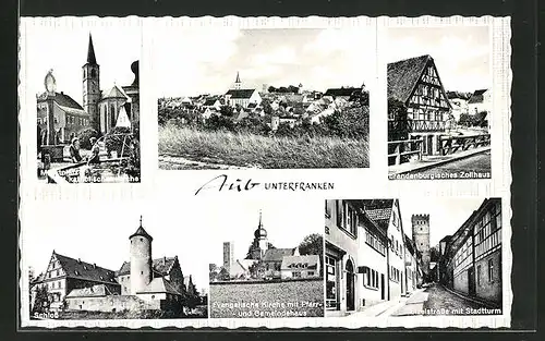 AK Aub Ufr., Marktplatz, Stadttotale, altes brandenburgisches Zollhaus, Etzelstrasse mit Stadtturm, Schloss