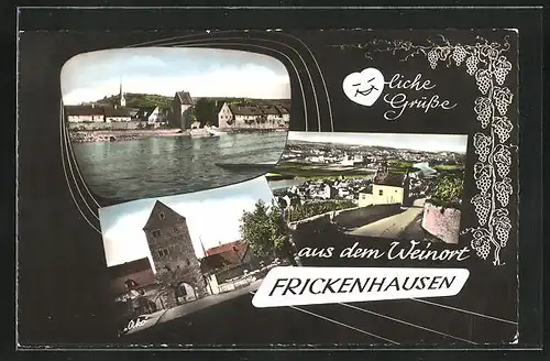 AK Frickenhausen, Ortsansicht vom Flussufer aus, Tordurchgang, Blick über die Stadt auf den Main