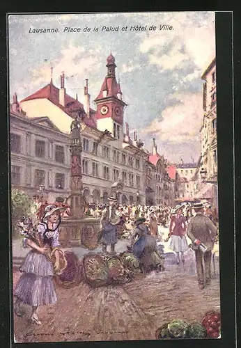 Künstler-AK Georges Stein: Lausanne, Place de la Palud et Hotel de Ville