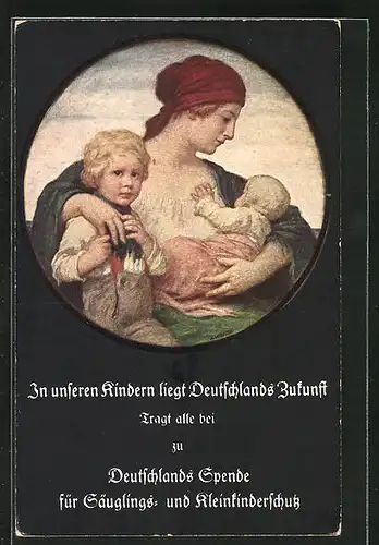 Künstler-AK Ludwig von Zumbusch: Mutter mit zwei Kindern, Deutschlands Spende für Säuglings- und Kleinkinderschutz