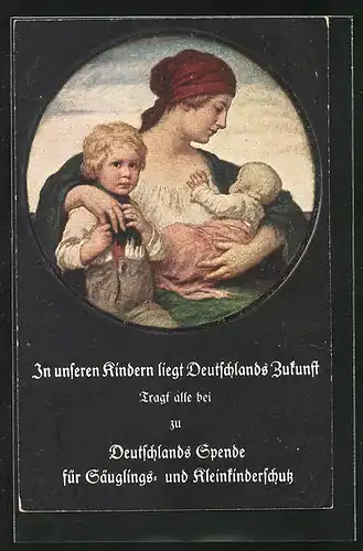 Künstler-AK Ludwig von Zumbusch: Mutter mit zwei Kindern, Deutschlands Spende für Säuglings- und Kleinkinderschutz