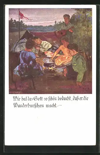 Künstler-AK Otto Amtsberg: Wanderburschen am Feuer