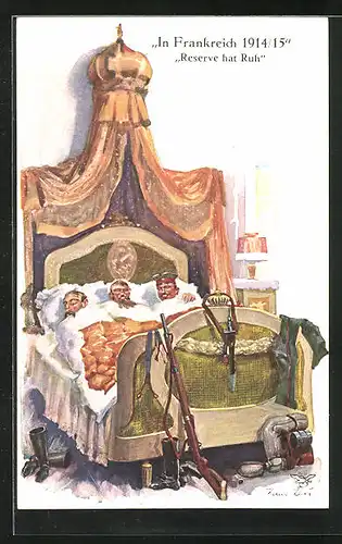 Künstler-AK Hans Leu: In Frankreich 1914 /15, Reserve hat Ruh, Soldaten liegen im Bett