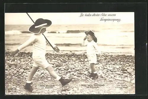 AK Prinz Wilhelm von Preussen, am Strand mit Prinz Louis Ferdinand beim Exerzieren