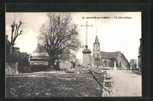 AK Quarre-les-Tombes, Un Coin Antique, das Kreuz vor der Kirche