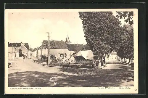 AK Courson-les-Carrieres, Route d`Auxerre, Blick zum Kirchturm