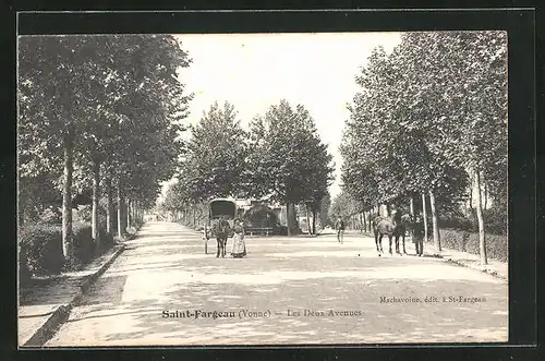 AK Saint-Fargeau, Les Deux Avenues, Frau mit kleiner Pferdekutsche