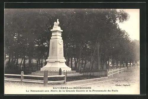 AK Ravieres-en-Bourgogne, Le Monument aux Morts de la Grande Guerre et la Promenade du Patis