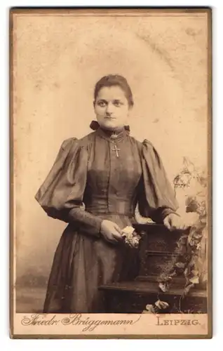 Fotografie Friedr. Brüggemann, Leipzig, Eisenbahnstr. 1, Portrait junge Dame im edlen Kleid und Brosche