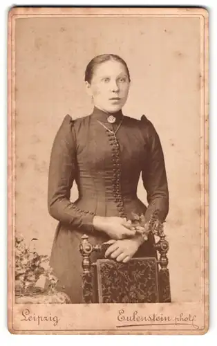 Fotografie Eulenstein, Leipzig, Ecke Tauchener Str. 6, Portrait bürgerliche Dame im edlen Kleid mit Brosche