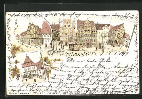 Lithographie Hildesheim, Altdeutsches Haus, Marktplatz, Domschenke, Haus am Andreasplatz