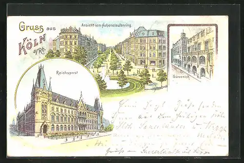 Lithographie Köln / Rhein, Reichspost, Hohenstaufenring, Gürzenich