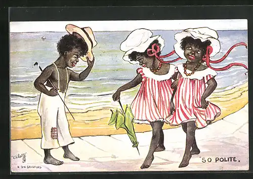Künstler-AK So polite, kleiner Afrikaner grüsst Damen im Strandkleid