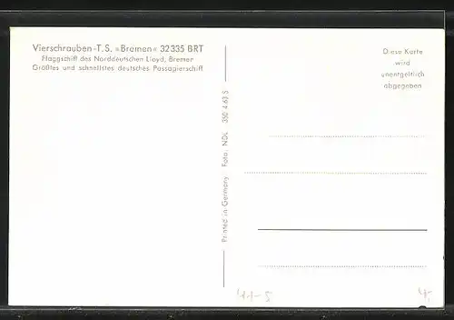 AK Vierschrauben-T.S. Bremen auf hoher See