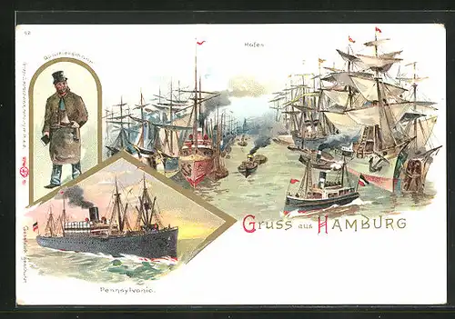 Lithographie Hamburg, Dampfer Pennsylvania und Segelschiffe im Hafen