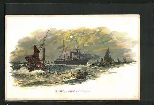 Lithographie S.M.S. Aviso Ziethen und Fischerboote