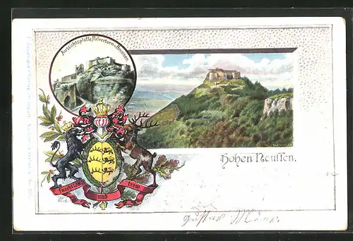 Passepartout-Lithographie Burg Hohen Neuffen mit Aussichtsplattform & Pulverturm, Wappen