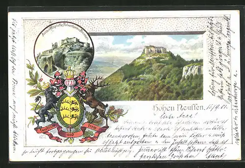 Passepartout-Lithographie Burg Hohen Neuffen mit Aussichtsplattform & Pulverturm, Wappen