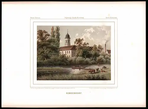Lithographie Hemsendorf, Kreis Schweinitz, Farblithographie aus Duncker 1865, 39 x 29cm