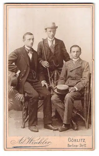 Fotografie Ad. Winkler, Görlitz, Berliner Strasse 12, Portrait drei junge Herren in modischer Kleidung