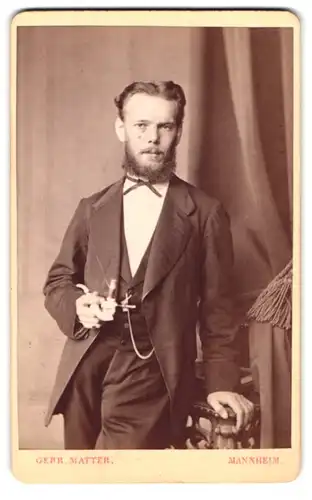 Fotografie Gebr. Matter, Mannheim, Portrait modisch gekleideter Herr mit Bart und Tabakpfeife