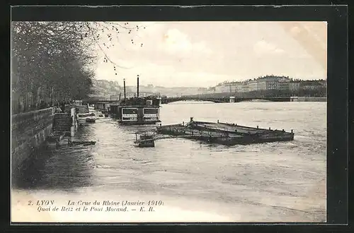 AK Lyon, La Crue du Rhône 1910, Quai de Retz et le Pont Morand, Hochwasser