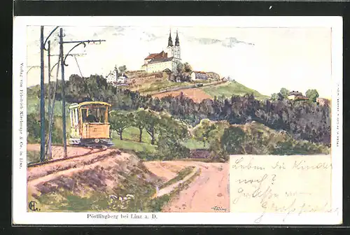 Künstler-AK sign. G. Holub: Pöstlingsberg bei Linz a. D., Teilansicht mit Bahn