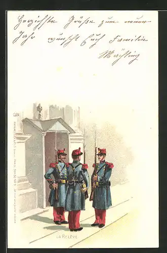 Lithographie La Relève, Infanteristen bei der Wachablösung