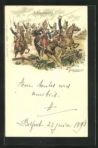 Lithographie Cuirassiers, Französische Kavallerie reitet eine Attacke